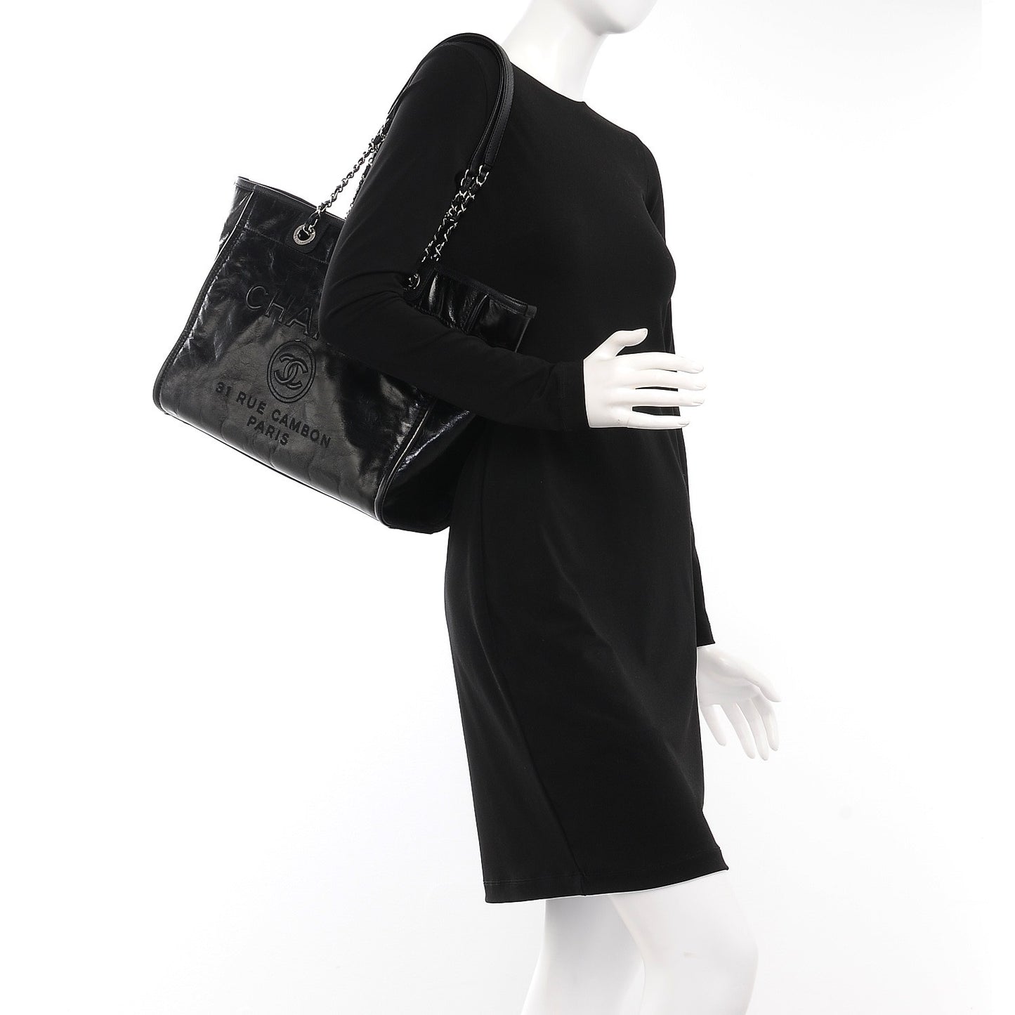 Glazed Calfskin Small Deauville Tote Black