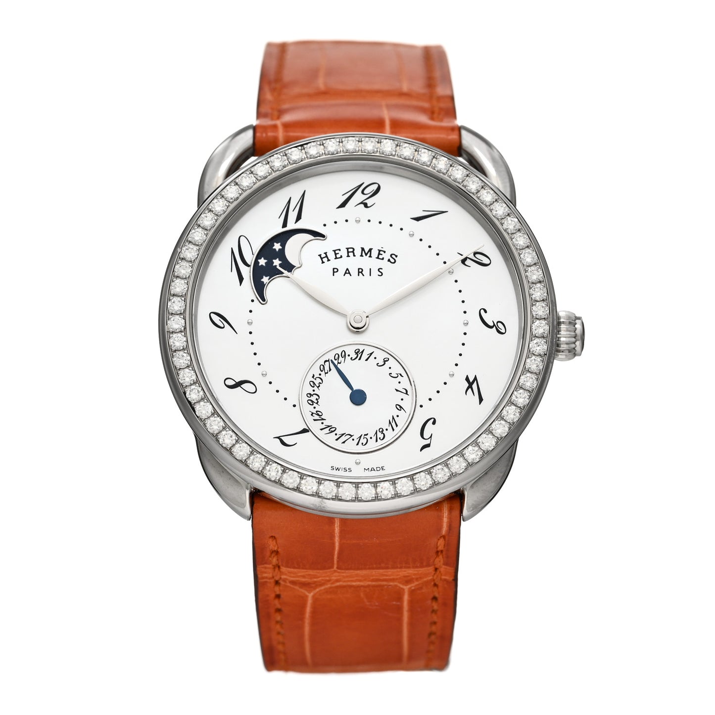 Stainless Steel Alligator Diamond Mother of Pearl 38mm Arceau Petite Lune Automatic Watch Orange