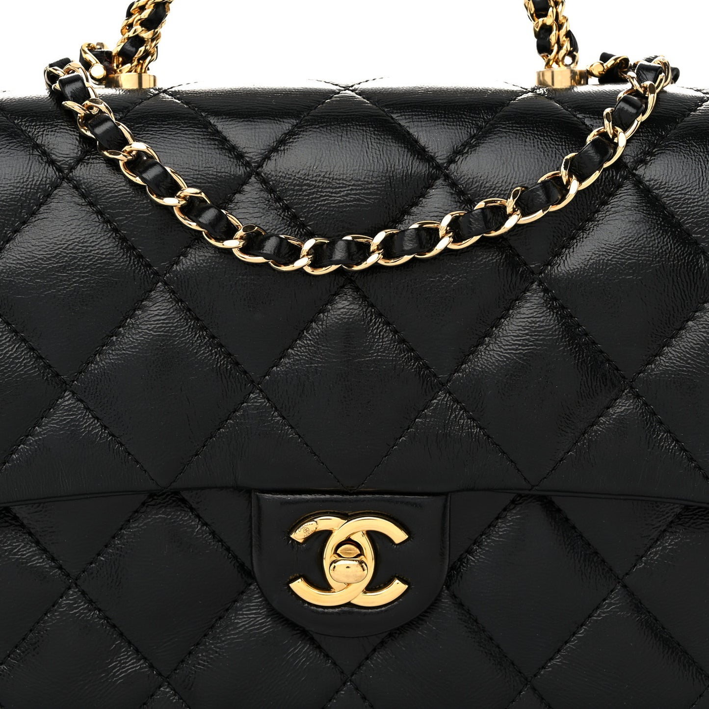 Shiny Lambskin Quilted Twisted Links Top Handle Flap Black