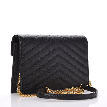 Saint Laurent Grain De Poudre Matelasse Chevron Monogram Envelope Chain Wallet Black 3 of 7