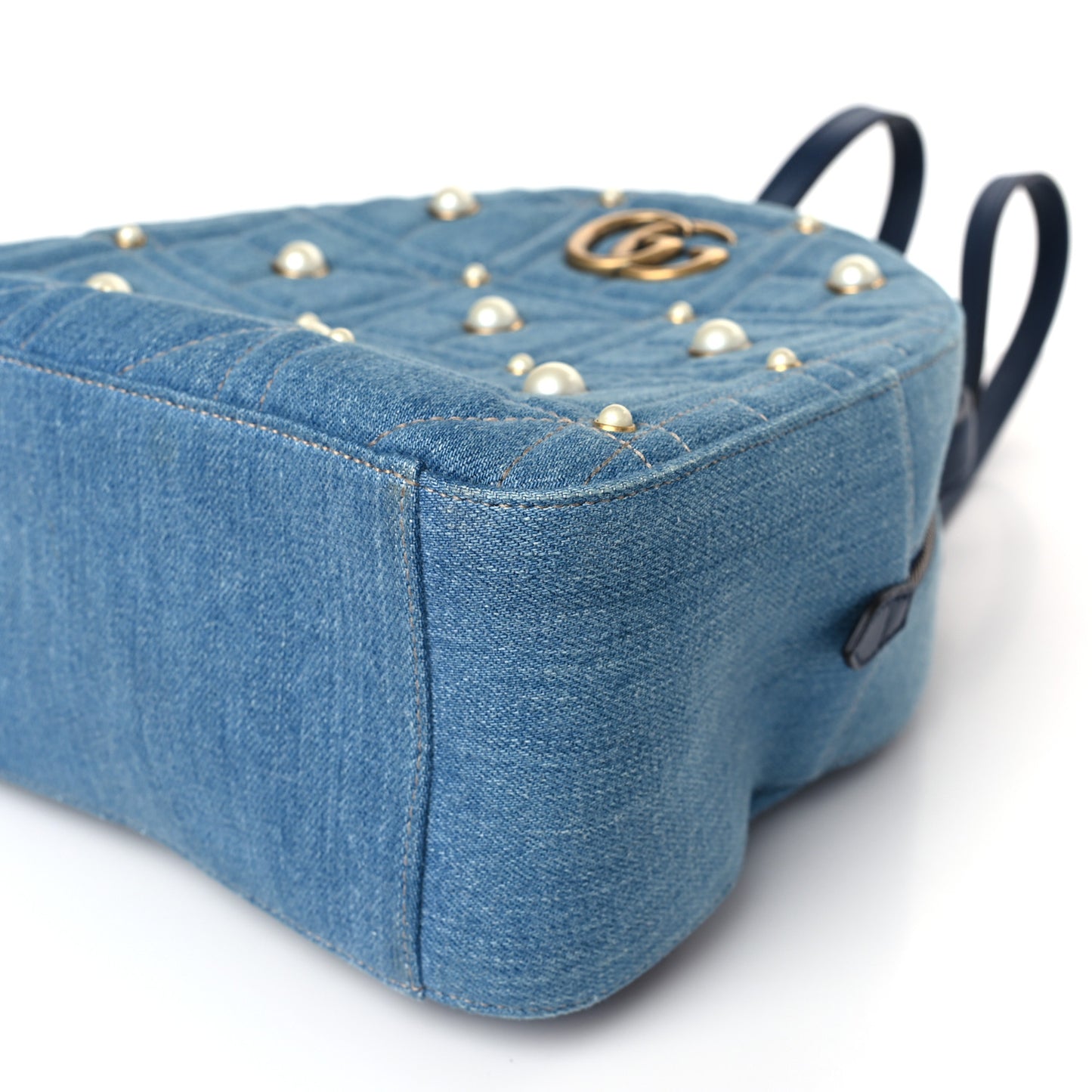 Kura Denim Matelasse Cubic Pearl Studded GG Marmont Dome Backpack Blue
