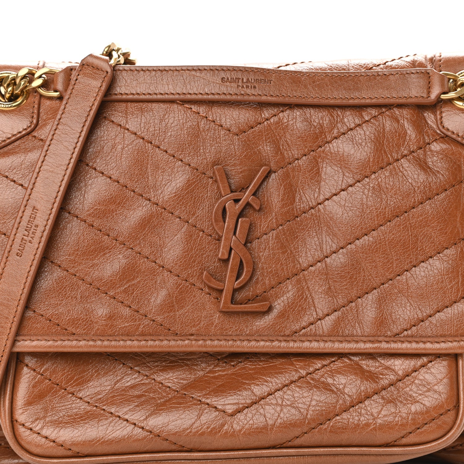 Saint Laurent Crinkled Calfskin Matelasse Monogram Medium Niki Chain Satchel Natural Tan 6 of 8