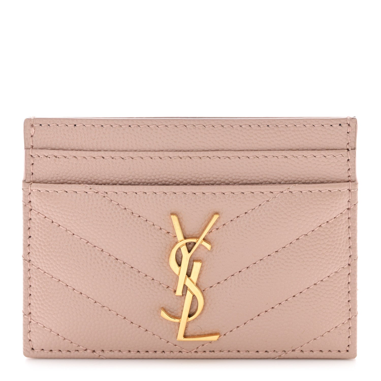 Saint Laurent Grain De Poudre Matelasse Chevron Monogram Credit Card Case Pale Pink 1 of 10