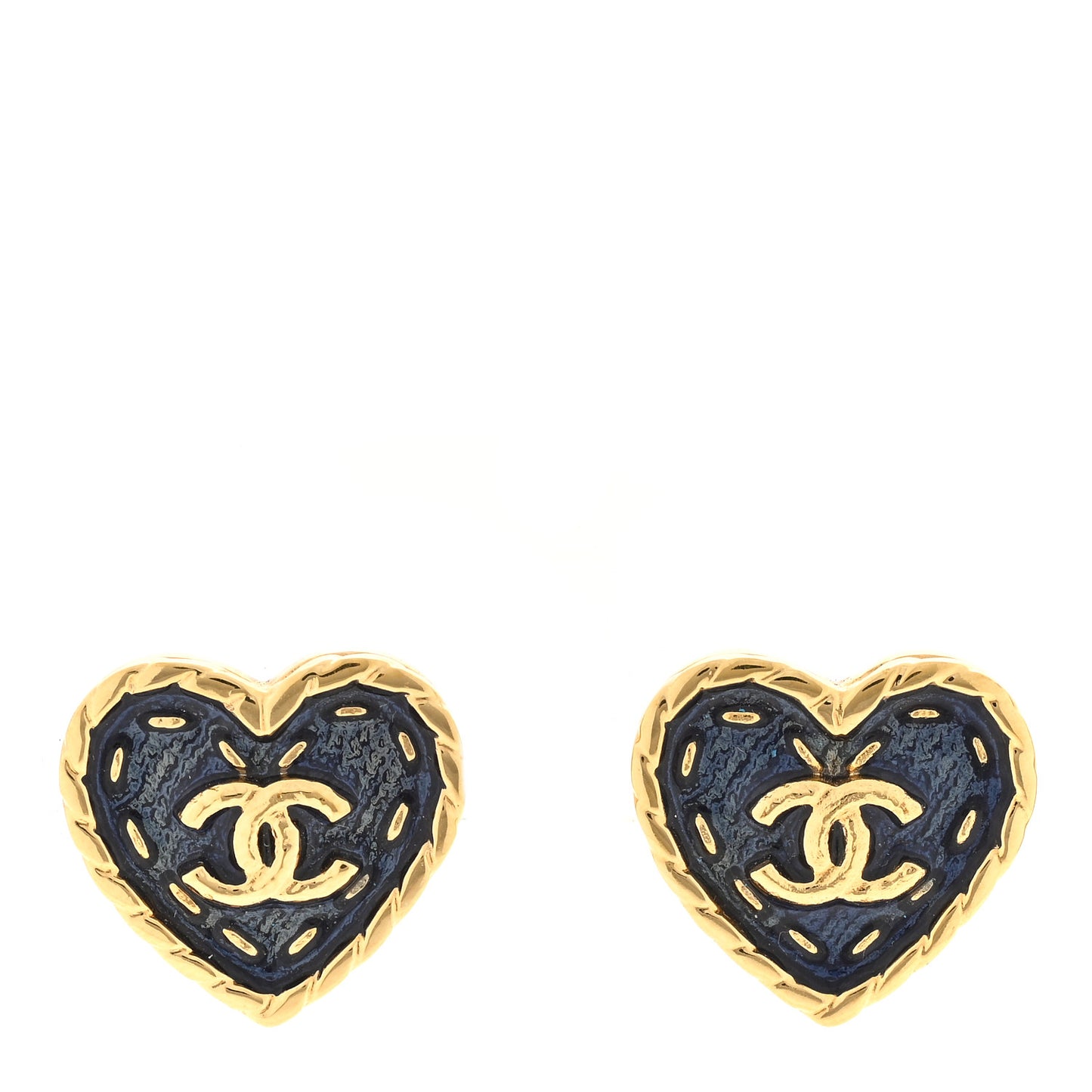 Metal Enamel CC Denim Heart Earrings Gold Blue