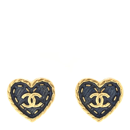 Chanel Metal Enamel CC Denim Heart Earrings Gold Blue 1 of 4