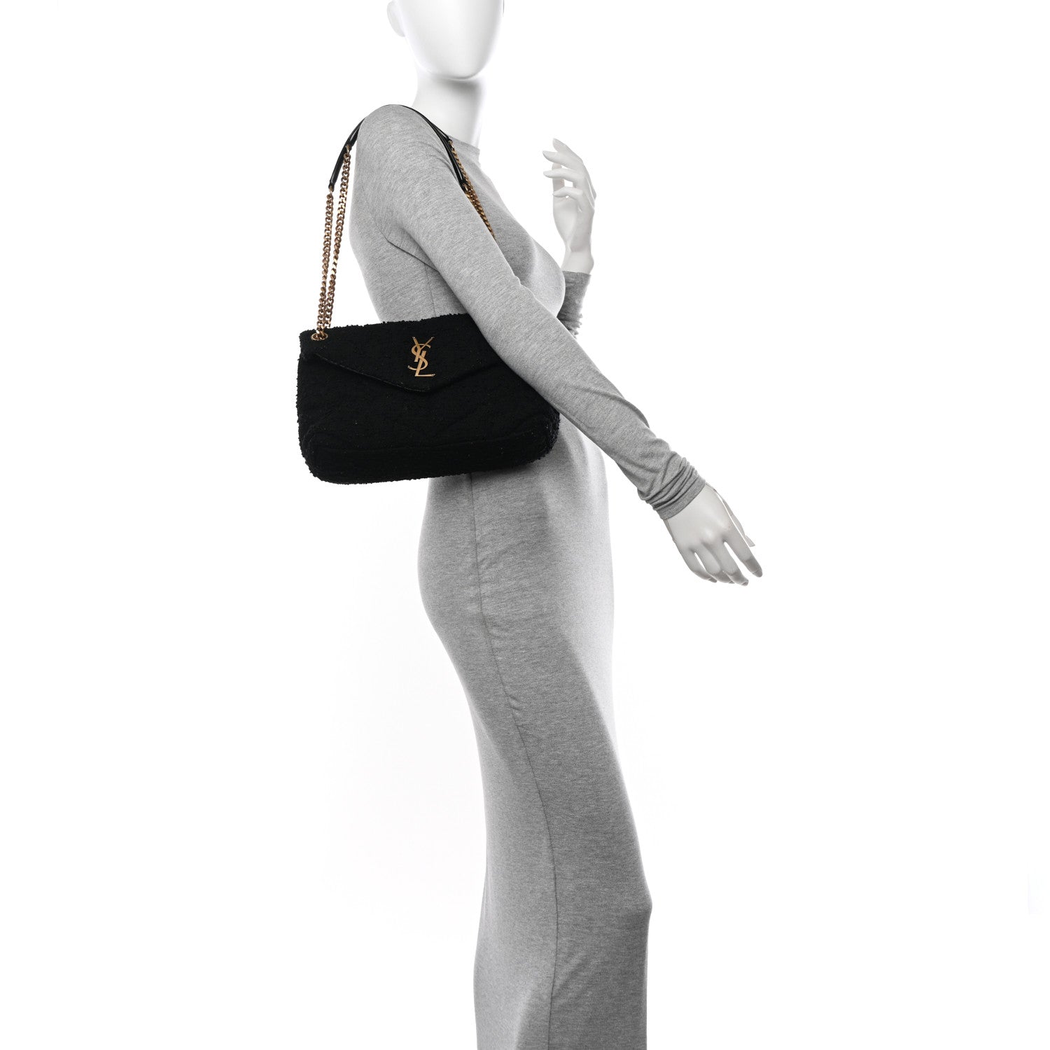 Saint Laurent Boucle Tweed Quilted Small Loulou Puffer Monogram Chain Satchel Black 2 of 12