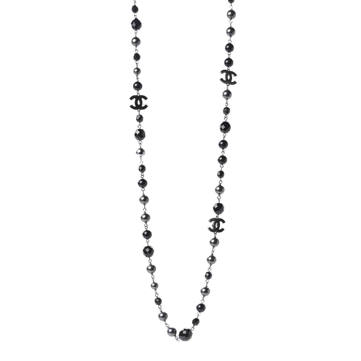 Ruthenium Pearl Beaded CC Long Necklace Black