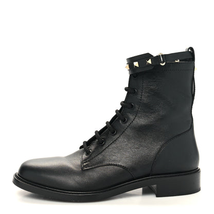 Valentino Garavani Calfskin Rockstud Combat Ankle Boots 40 Black 1 of 11