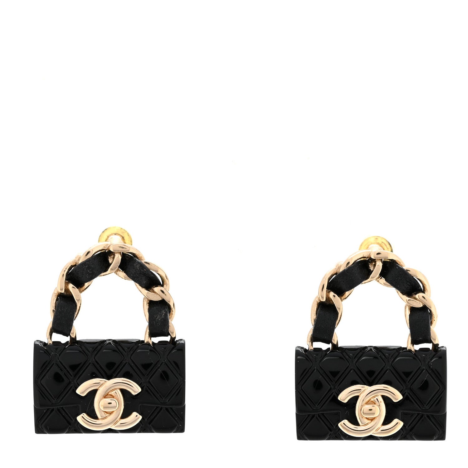 Chanel Metal Resin Lambskin Quilted CC Turnlock Chain Flap Bag Earrings Black Gold 1 of 4