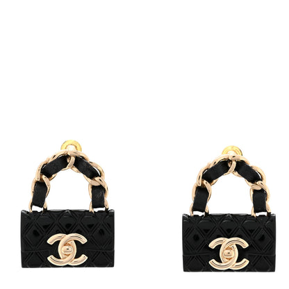 Chanel Metal Resin Lambskin Quilted CC Turnlock Chain Flap Bag Earrings Black Gold 1 of 4