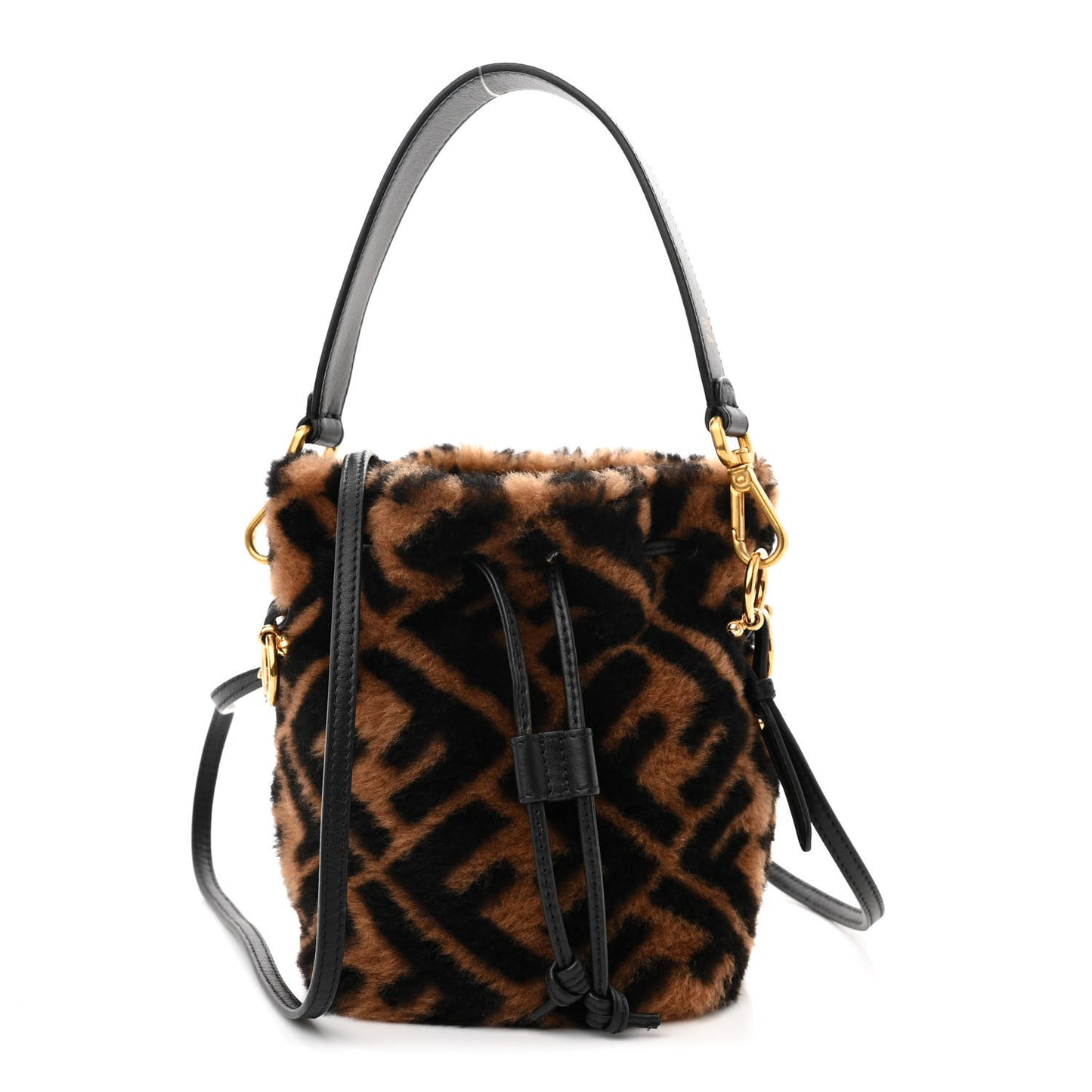 Shearling Vitello Dolce F is Fendi Macro FF 1974 Mini Mon Tresor Bucket Bag Tobacco Black