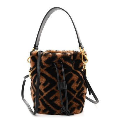 Fendi Shearling Vitello Dolce F is Fendi Macro FF 1974 Mini Mon Tresor Bucket Bag Tobacco Black 1 of 11