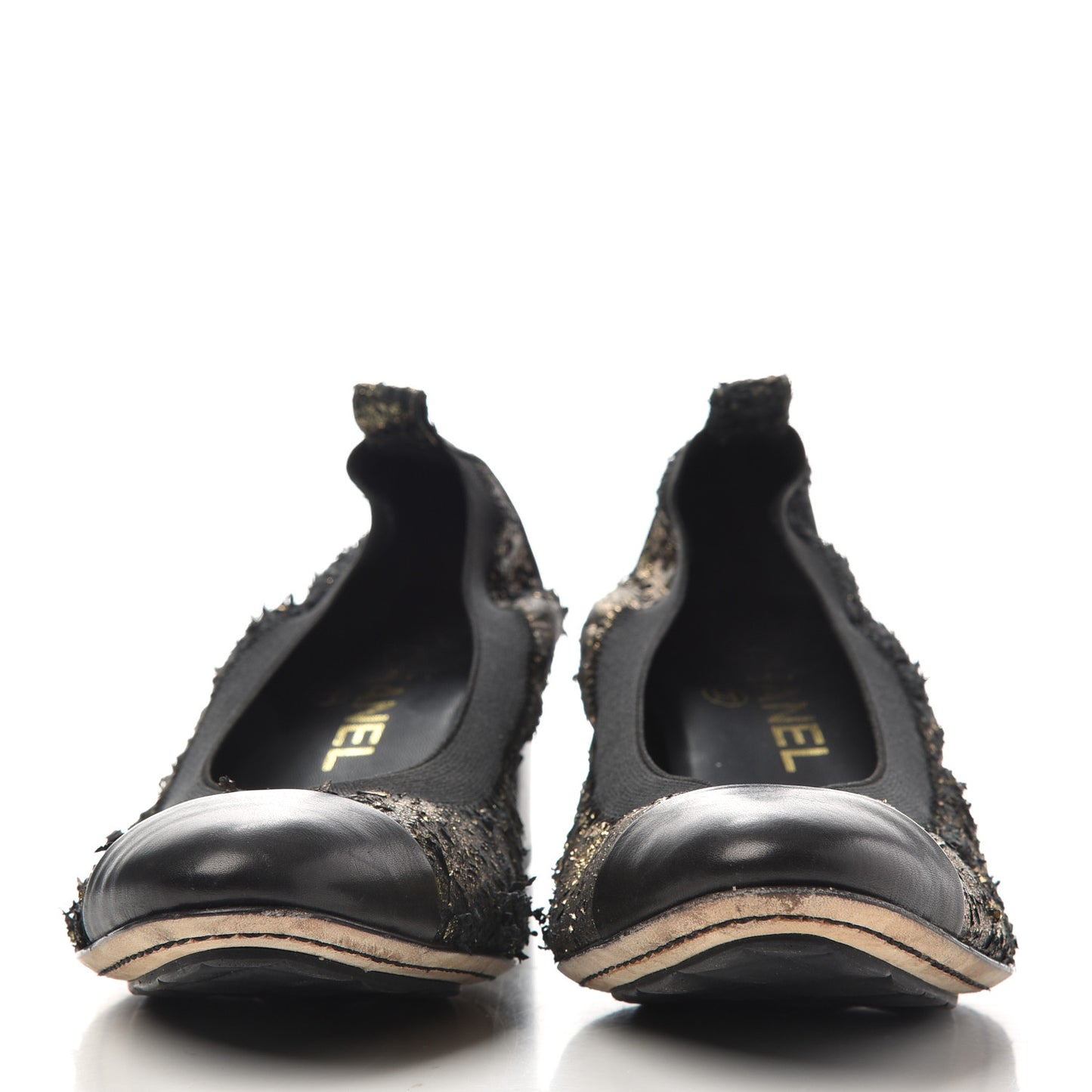 Metallic Lambskin Cap Toe CC Elastic Stretch Pumps 38 Black