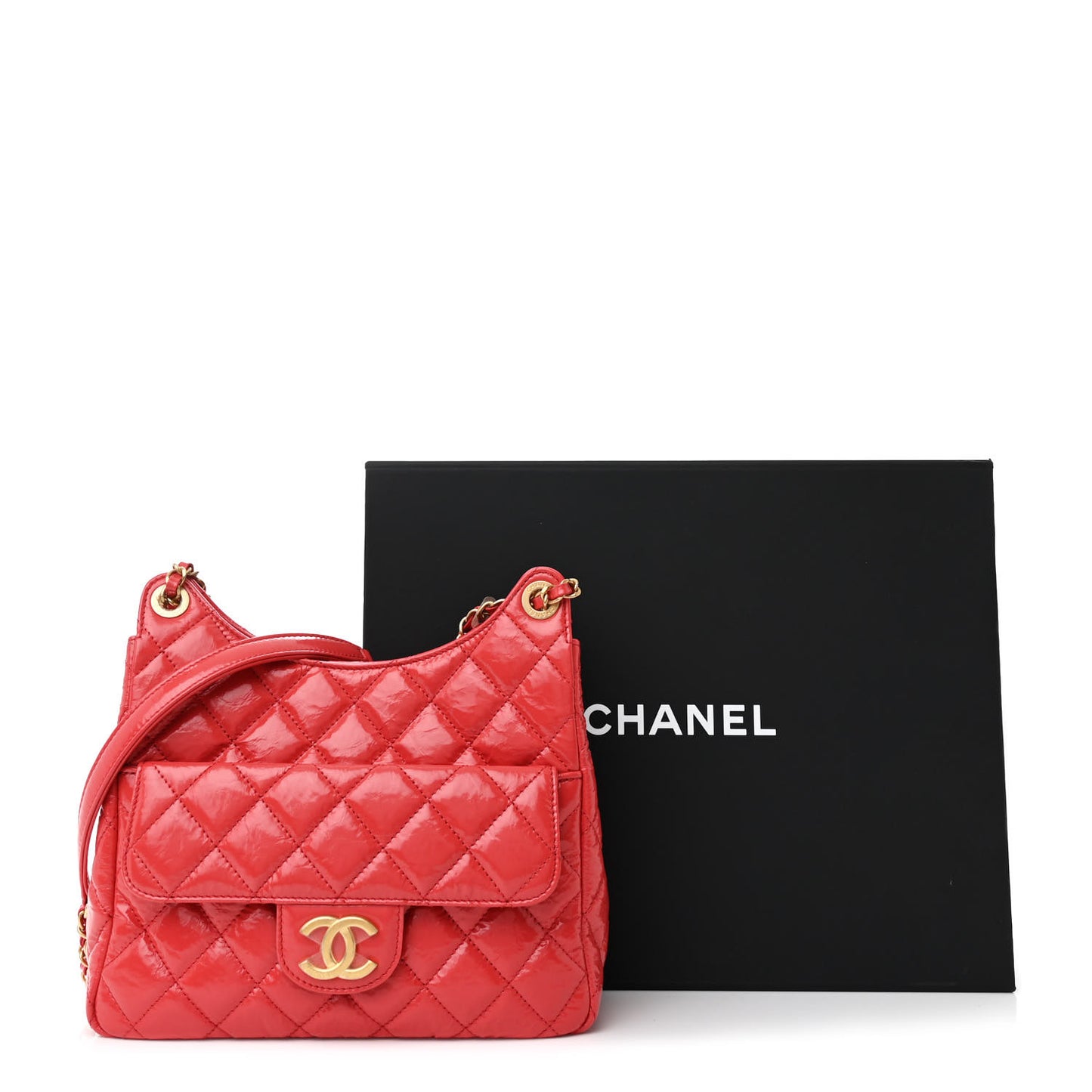 Shiny Crumpled Calfskin Quilted Wavy CC Hobo Red