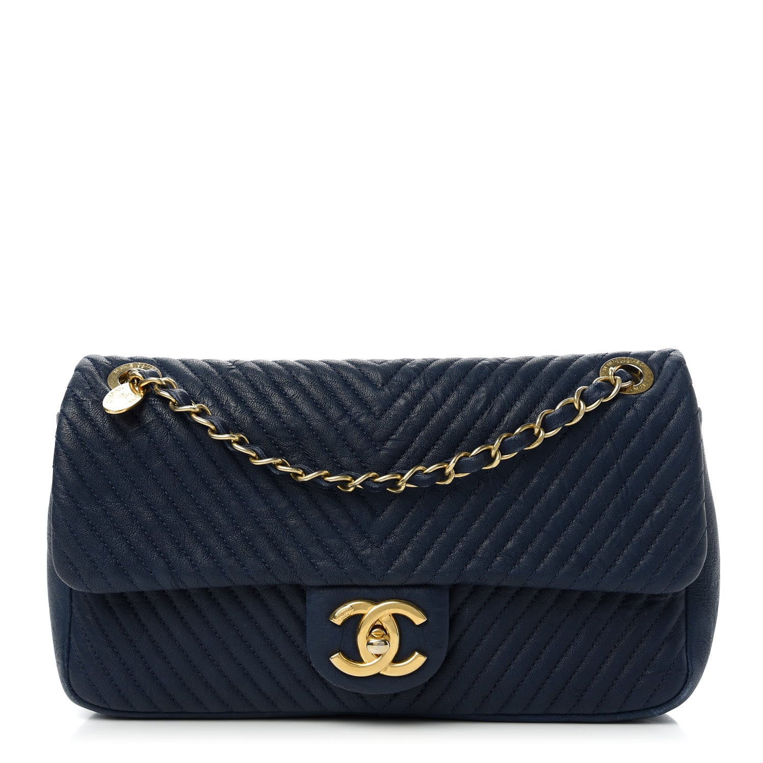 Chanel Calfskin Surpique Chevron Medium Flap Navy 1 of 10