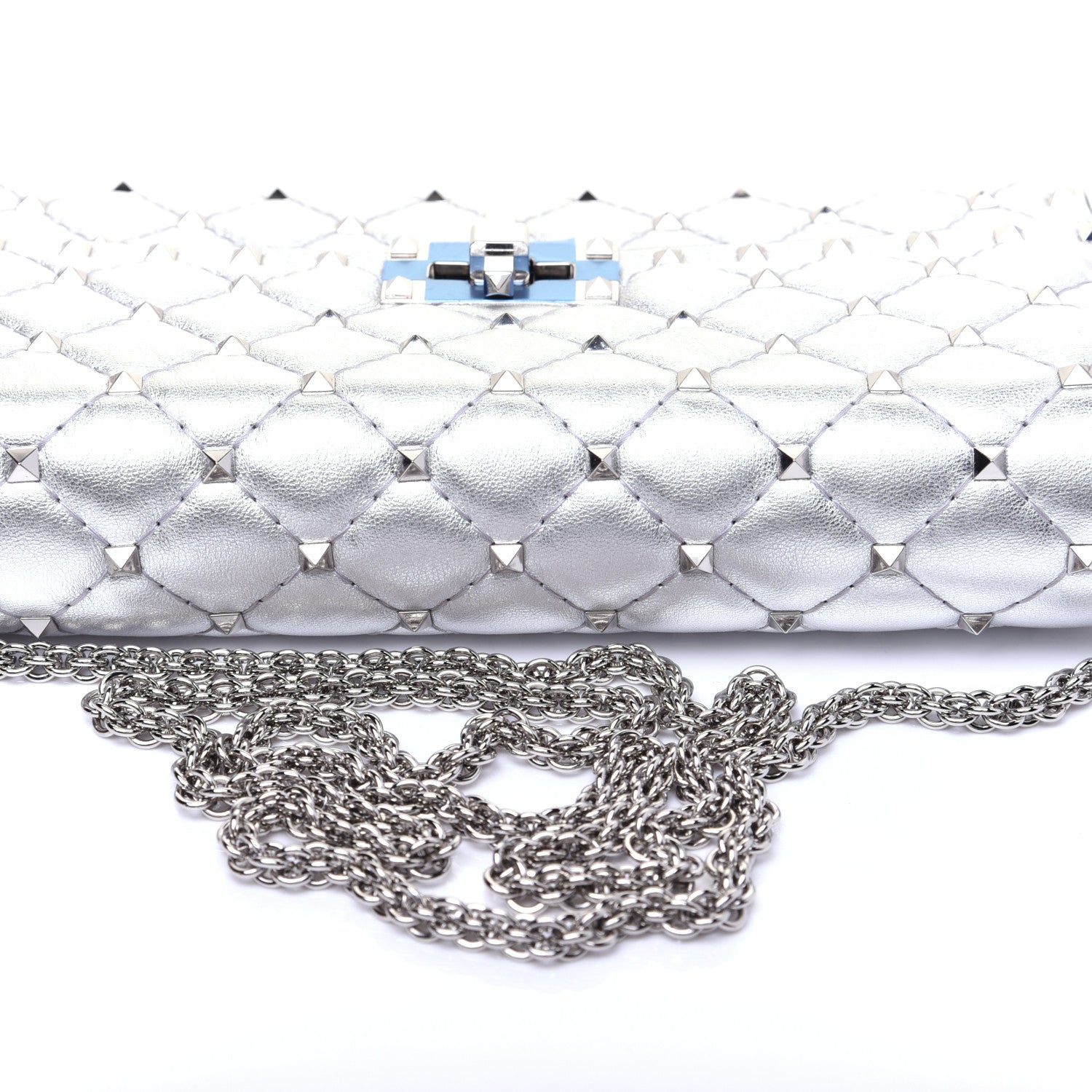 Valentino Garavani Metallic Lambskin Rockstud Spike Wallet on Chain Silver 17 of 18