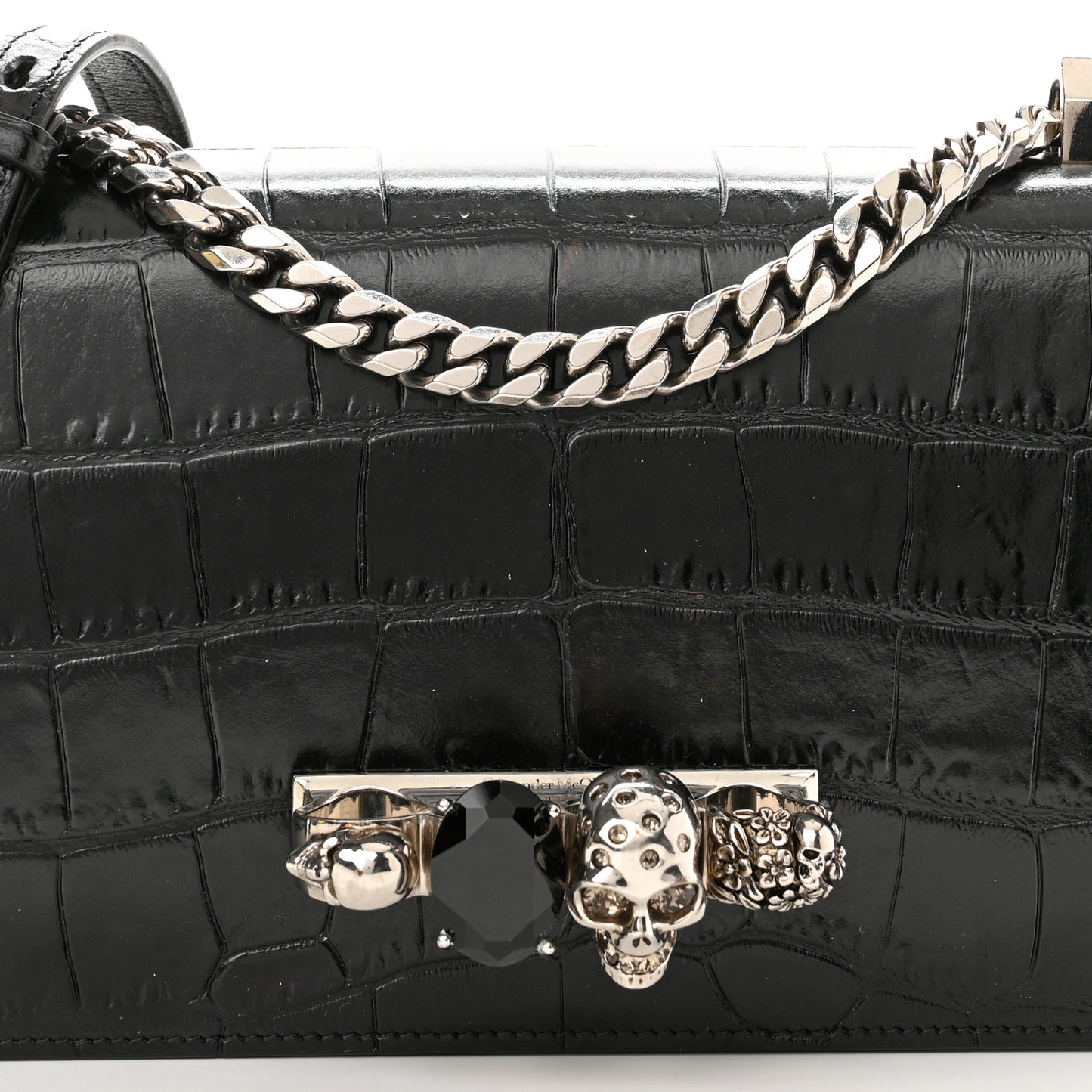 Shiny Crocodile Embossed Jeweled Satchel Black