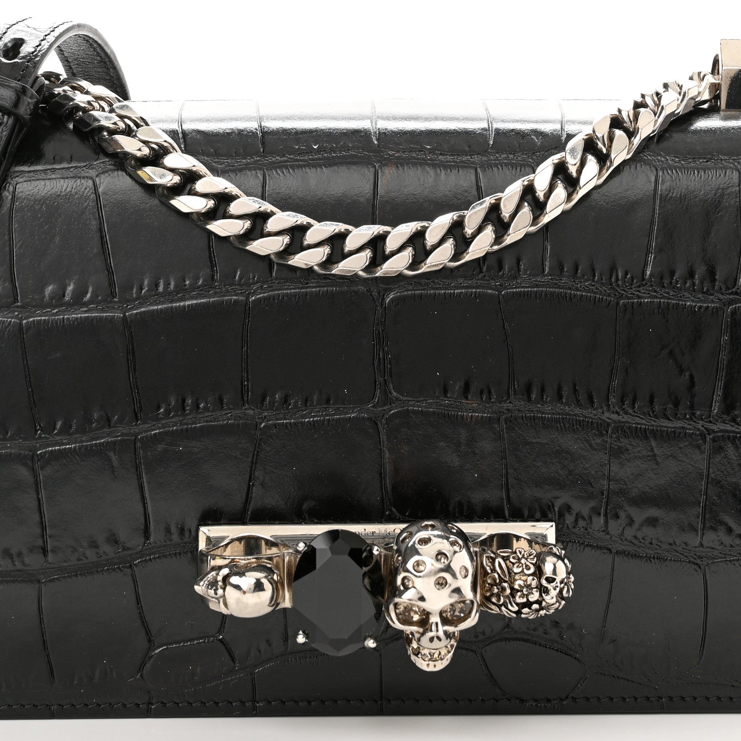 Alexander McQueen Shiny Crocodile Embossed Jeweled Satchel Black 8 of 10