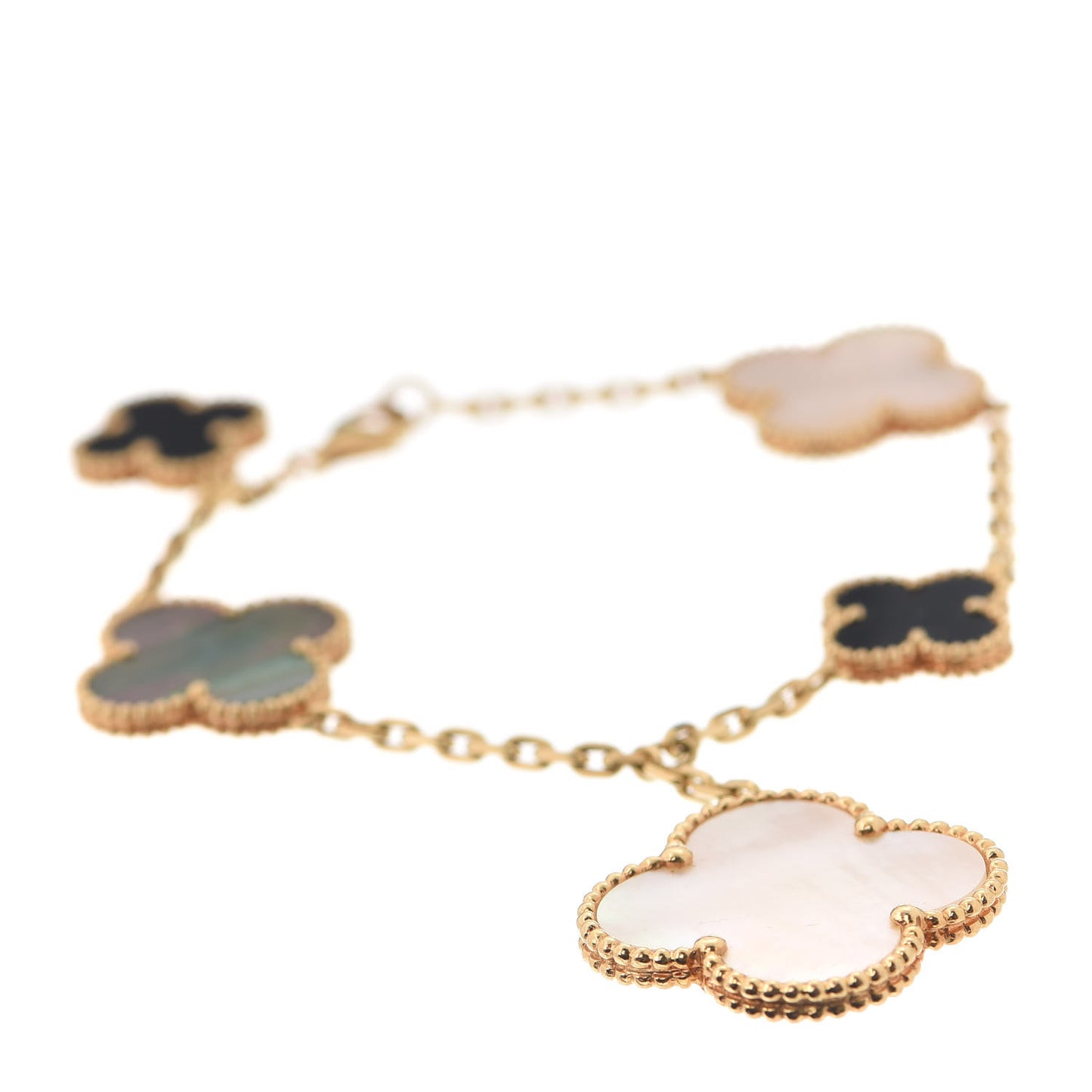 18K Yellow Gold Grey Mother of Pearl Black Onyx 5 Motifs Magic Alhambra Bracelet