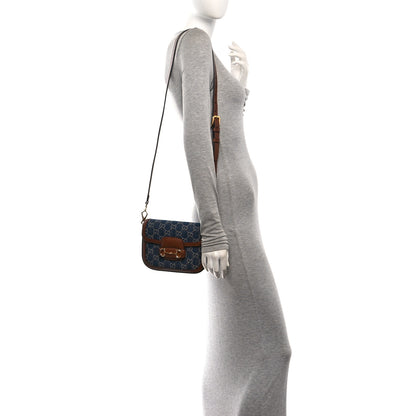 Gucci New Denim GG Monogram Dollar Calfskin Web Mini Horsebit 1955 Shoulder Bag Blue Tea Cuir Epilog 2 of 10