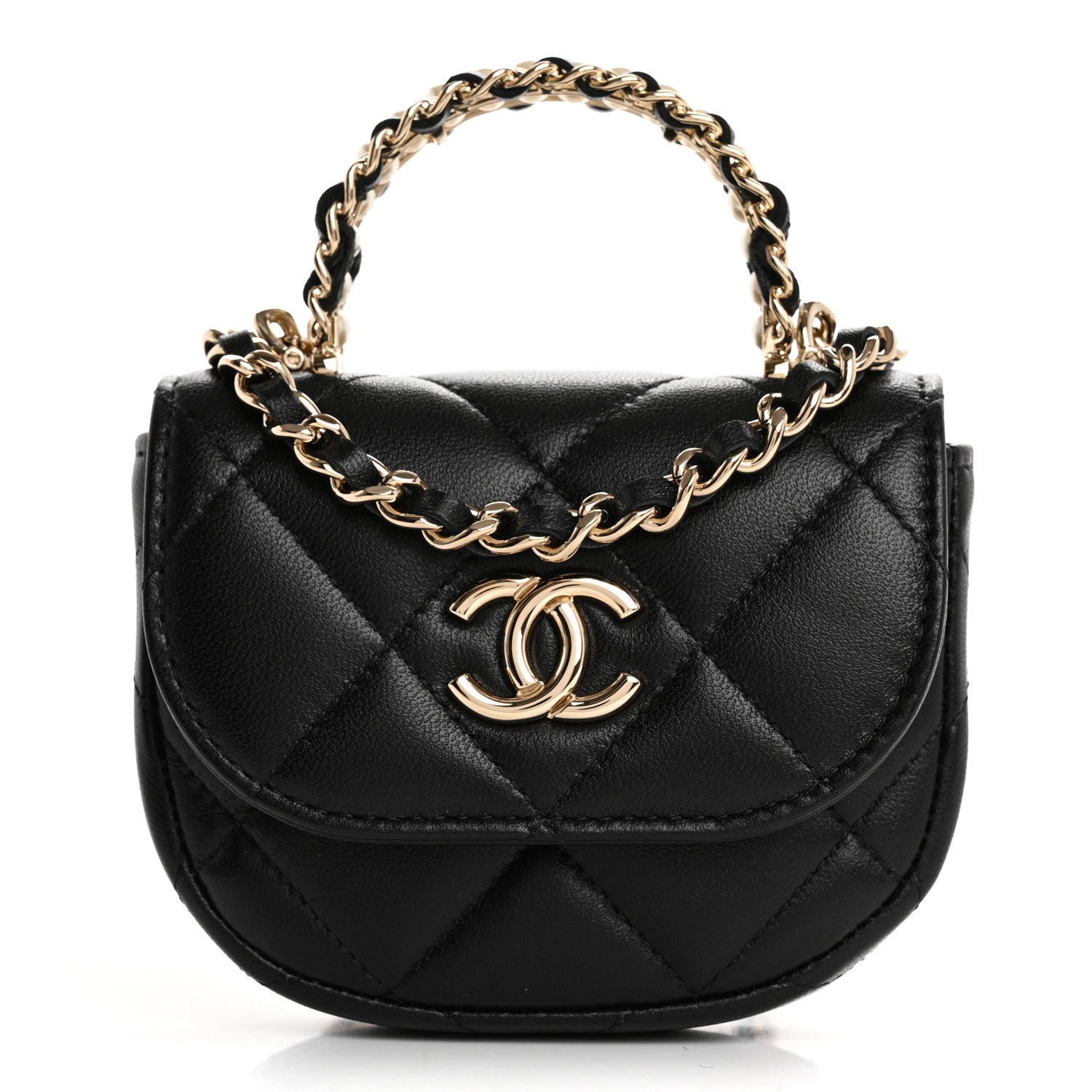 Chanel Lambskin Quilted Pearl Top Handle Clutch With Chain Black 1 of 15