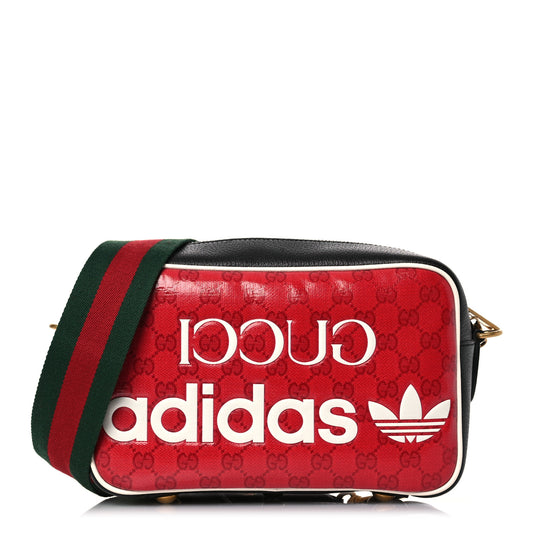 X ADIDAS Crystal Vintage Monogram Textured Dollar Calfskin Web Trefoil Logo Small Messenger Bag Hibiscus Red Off White Black