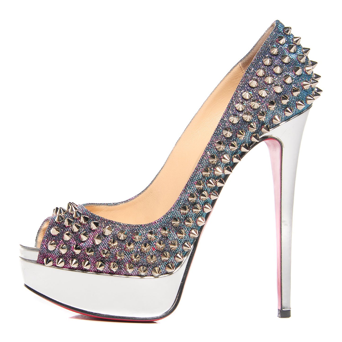 Lame Satin Lady Peep Spikes 150 Pumps 37 Turquoise Violet Silver