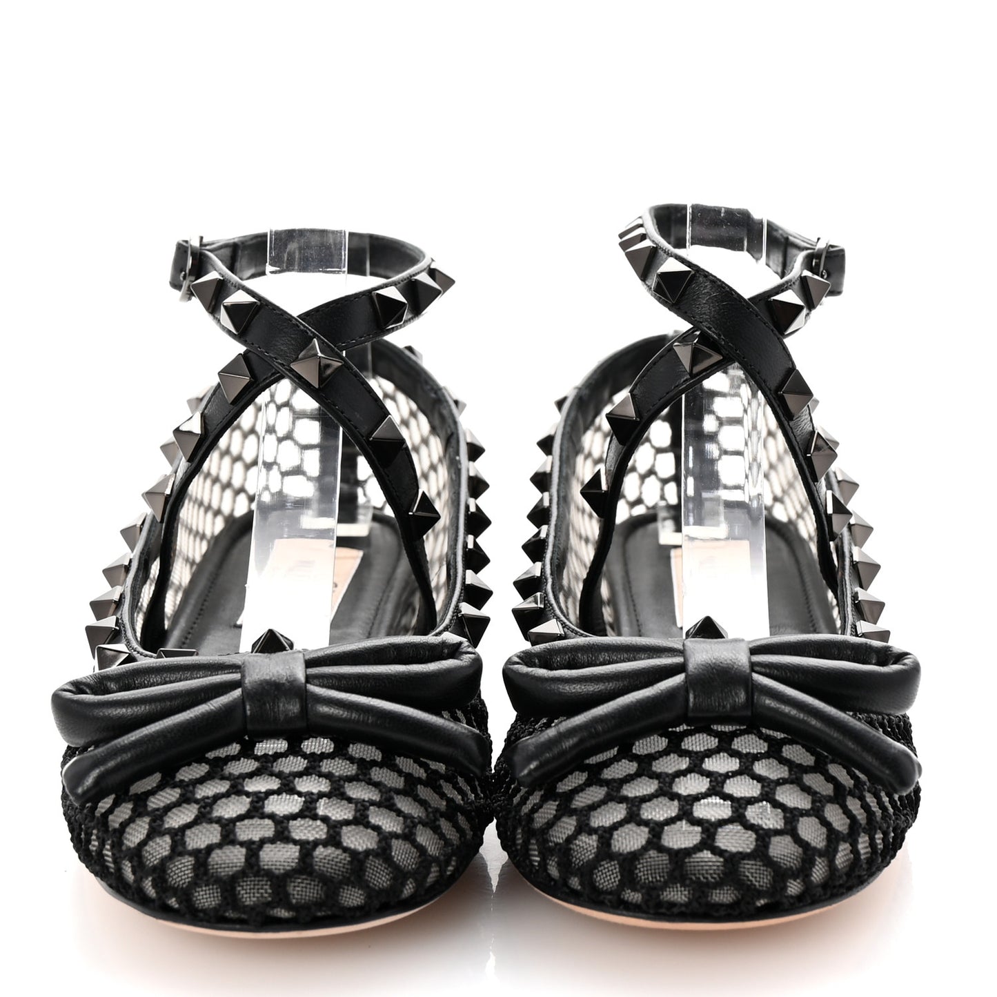 Mesh Calfskin Rockstud Multi Strap Ballerina Flats 35.5 Black