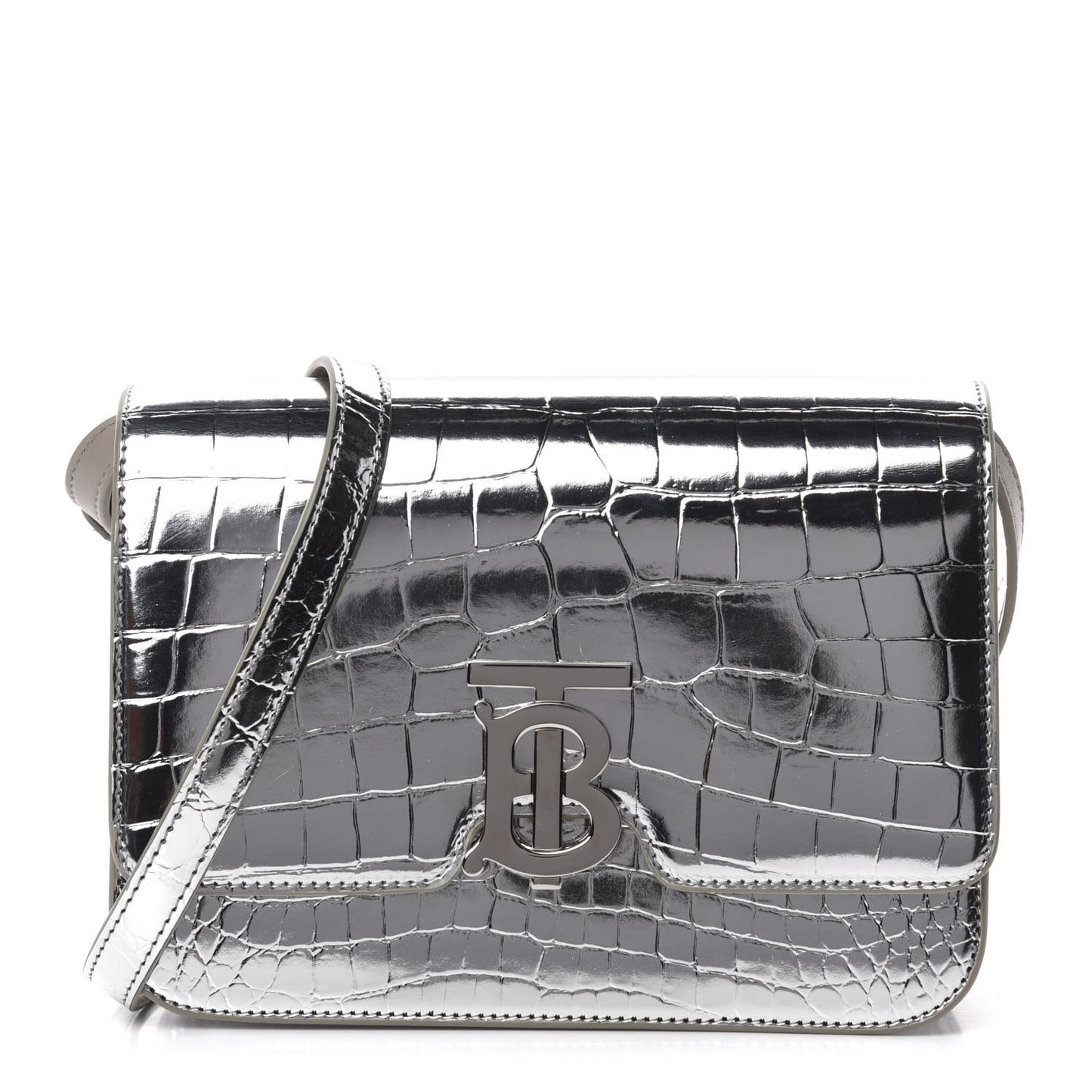 Metallic Patent Crocodile Embossed Small TB Shoulder Bag Silver