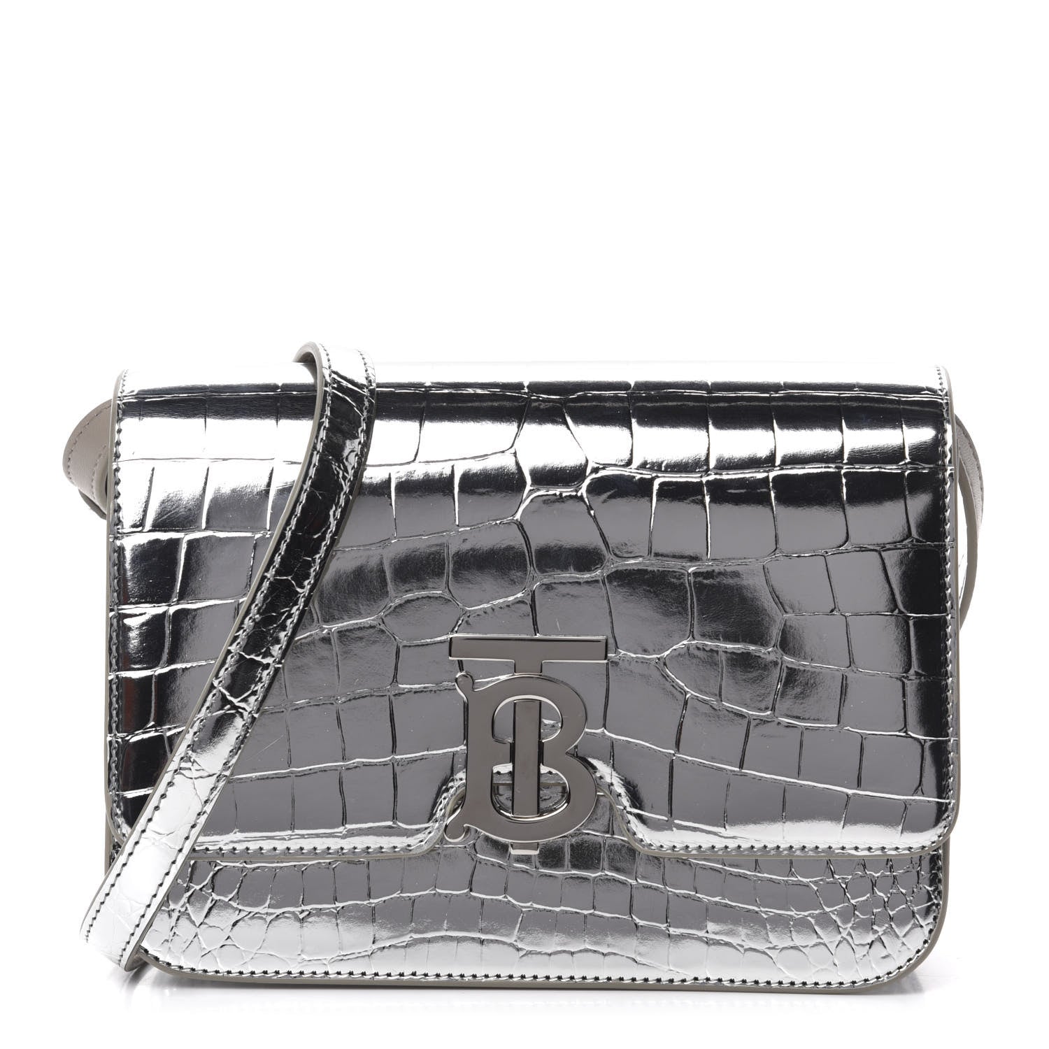Burberry Metallic Patent Crocodile Embossed Small TB Shoulder Bag Silver 1 of 9