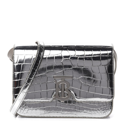 Burberry Metallic Patent Crocodile Embossed Small TB Shoulder Bag Silver 1 of 9
