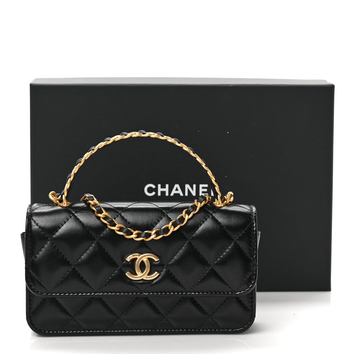 Shiny Calfskin Quilted Top Handle Flap Phone Holder With Chain Black