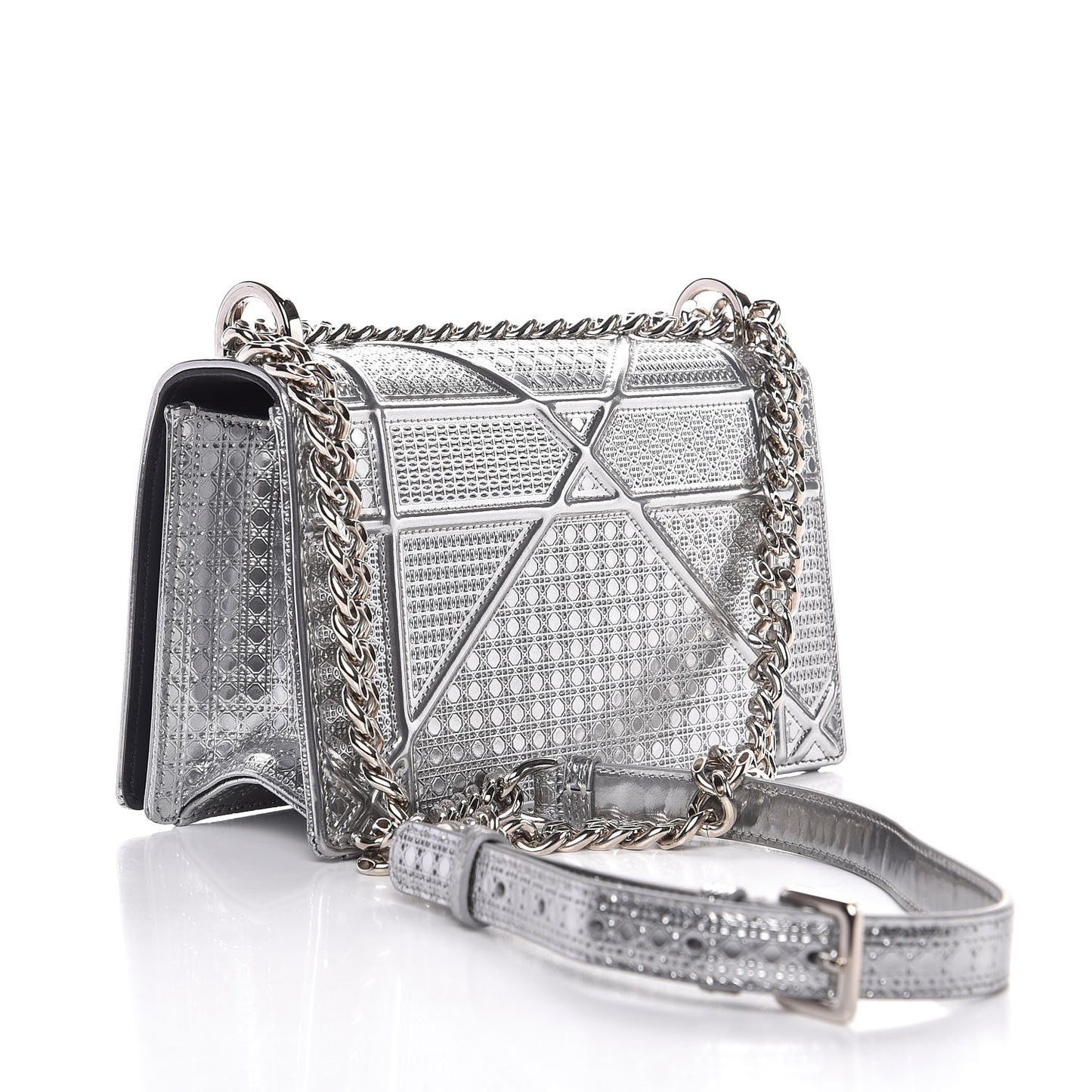 Metallic Patent Micro-Cannage Small Diorama Flap Bag Silver