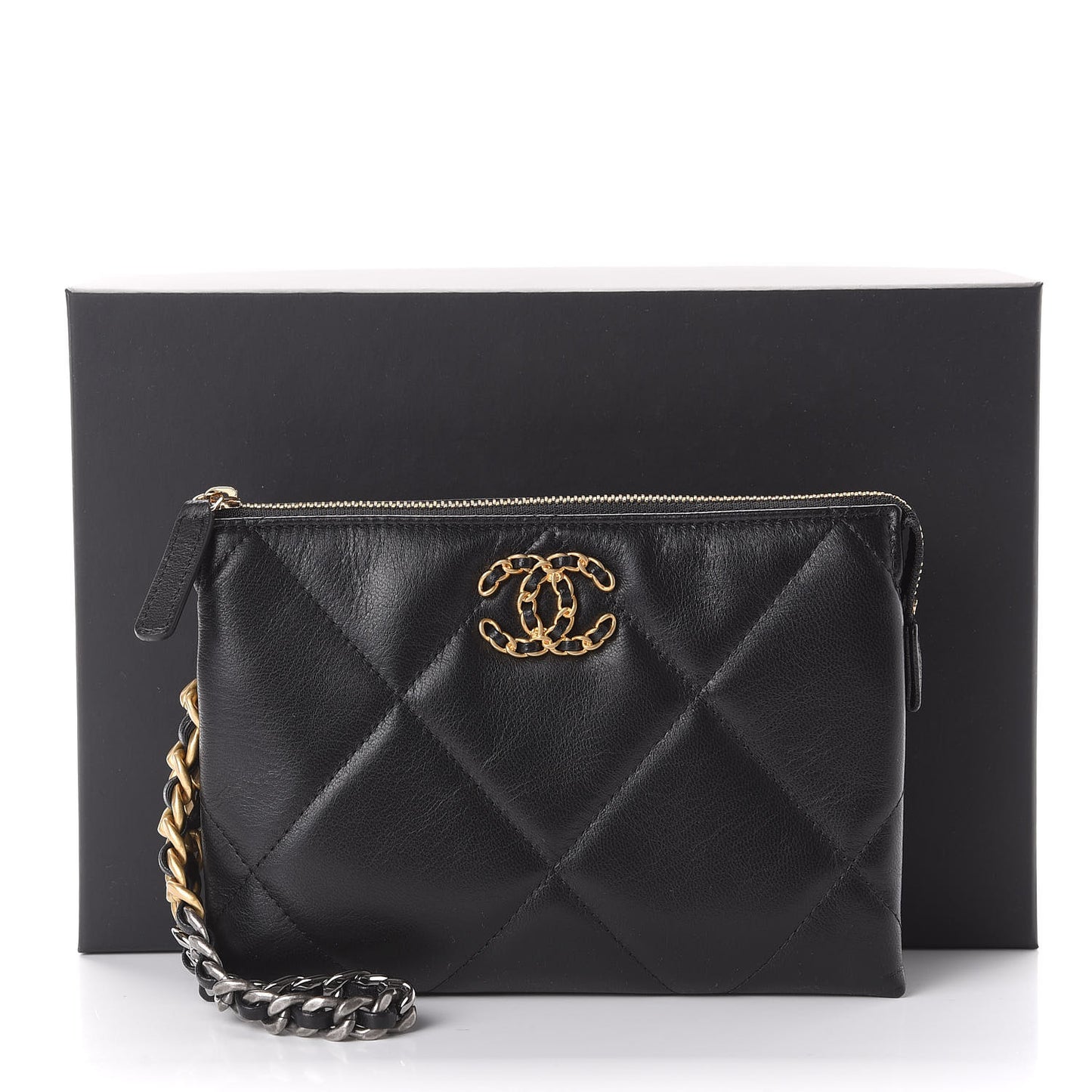 Shiny Goatskin Quilted Small Chanel 19 Pouch With Handle Black