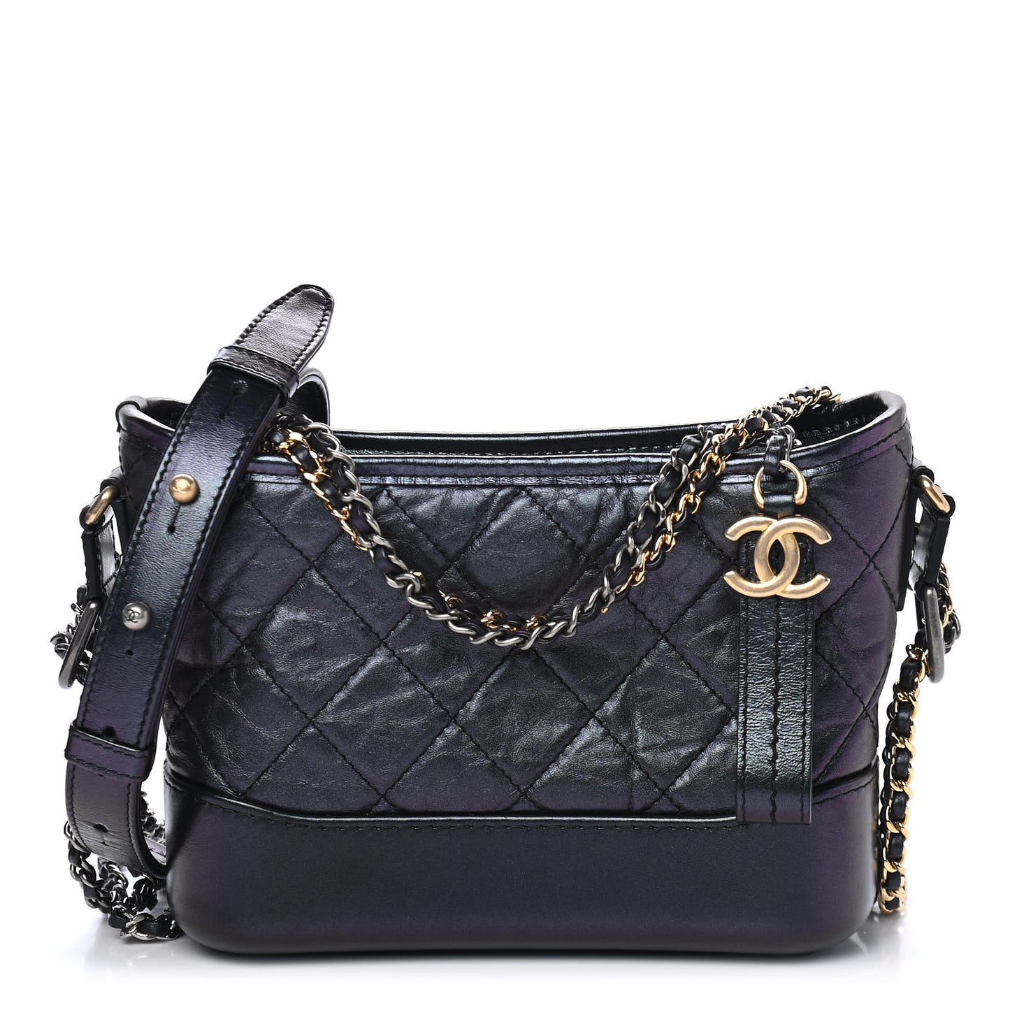 Iridescent Aged Calfskin Quilted Small Gabrielle Hobo Black