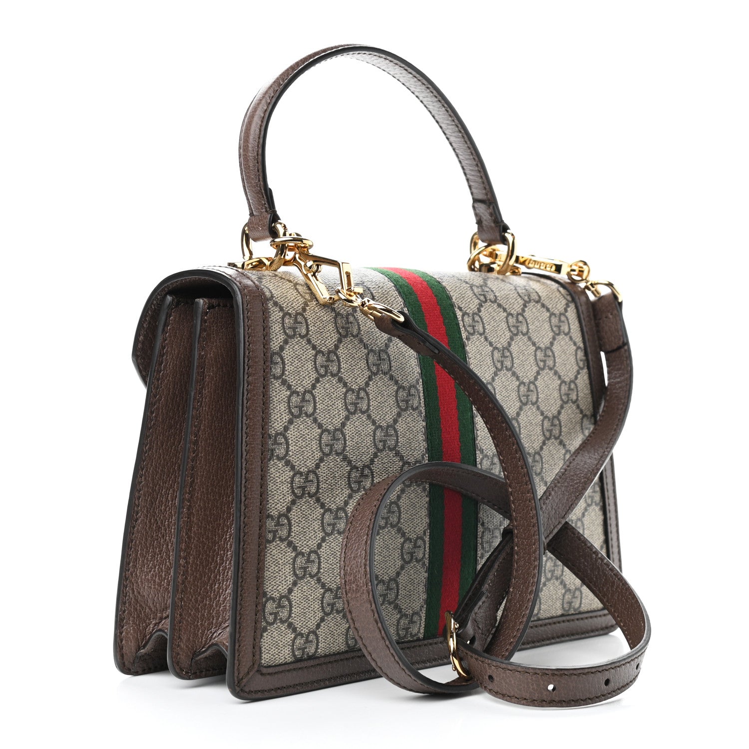 Gucci GG Supreme Monogram Textured Dollar Calfskin Web Small Ophidia Padlock Top Handle Bag Beige Ebony New Acero 3 of 9