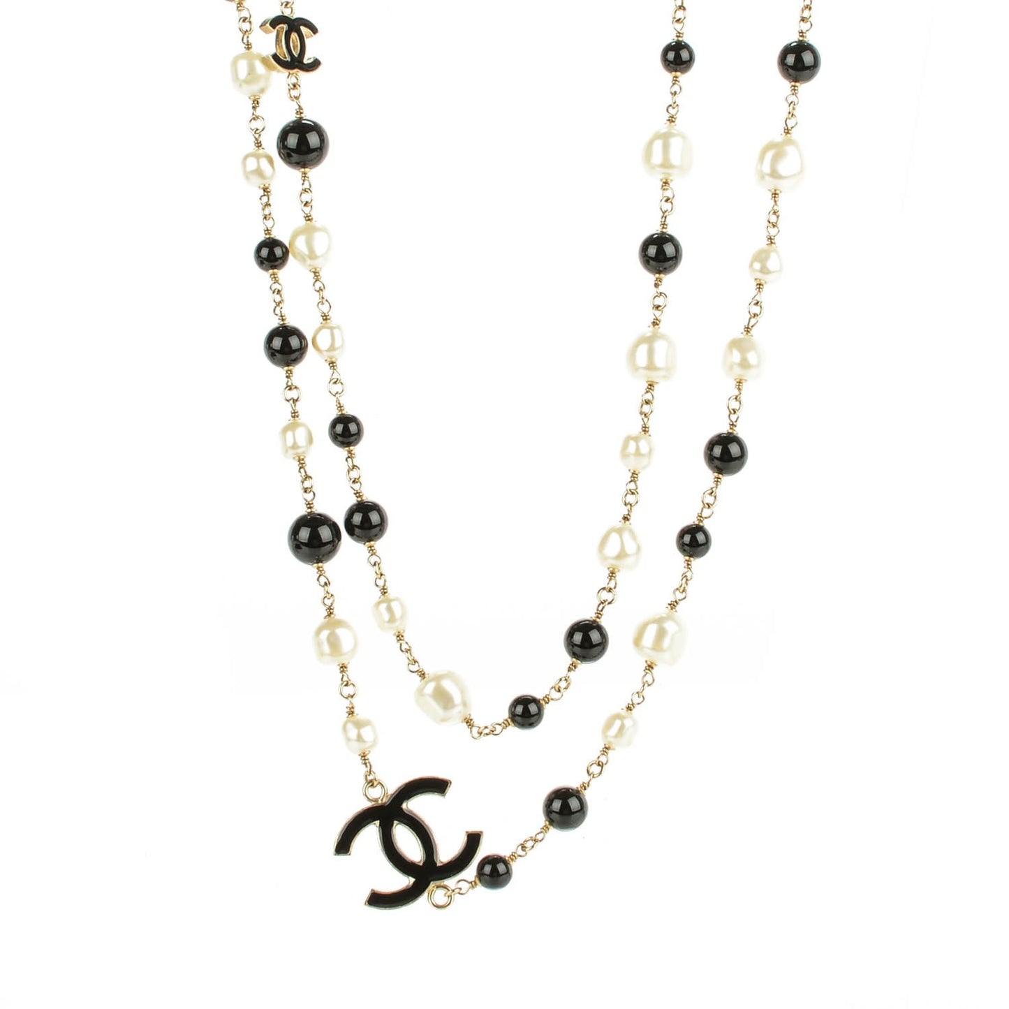 Pearl Bead Enamel CC Long Necklace Black Gold