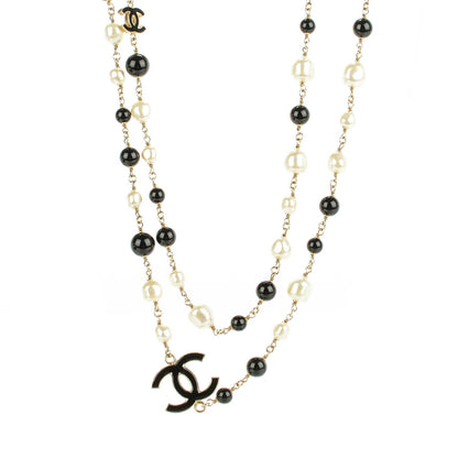 Chanel Pearl Bead Enamel CC Long Necklace Black Gold 1 of 7
