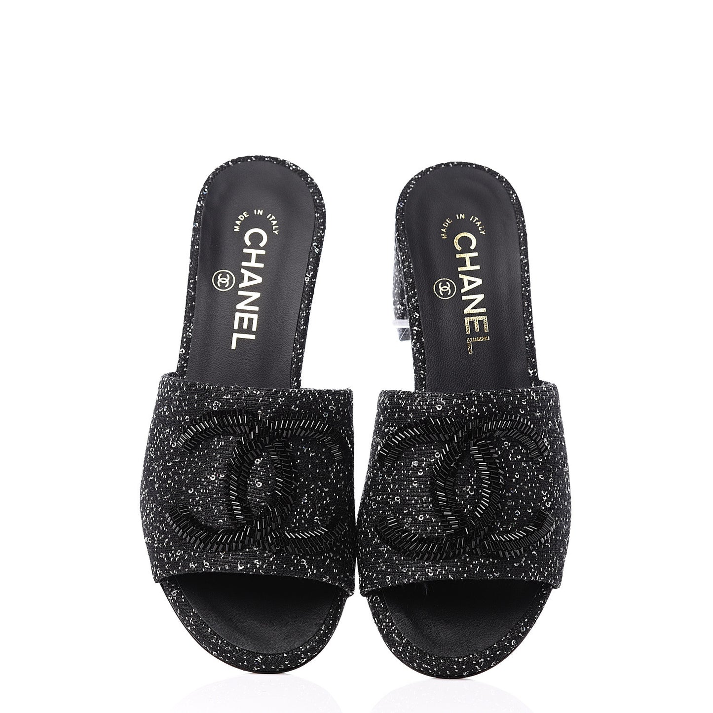 Tweed CC Mules 36 Black White