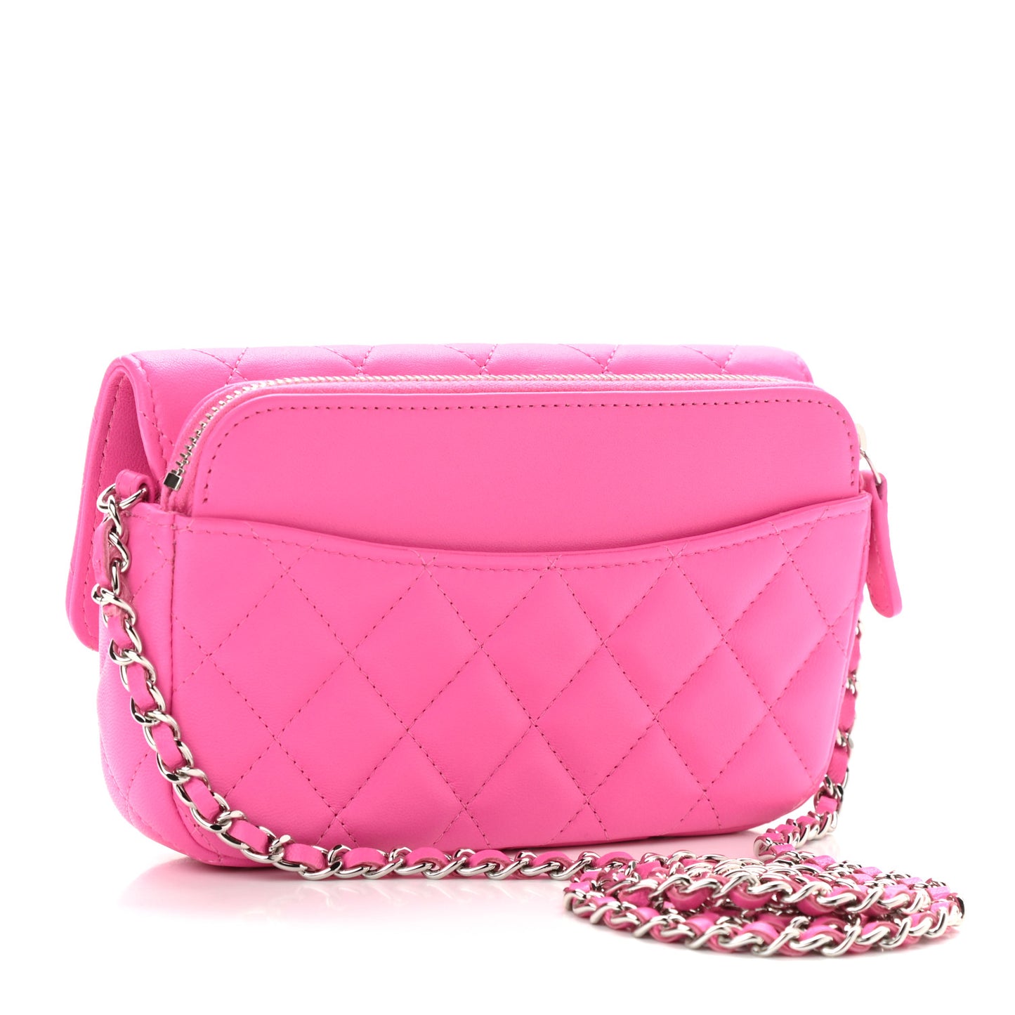 Lambskin Quilted Flap Phone Holder With Chain Neon Pink