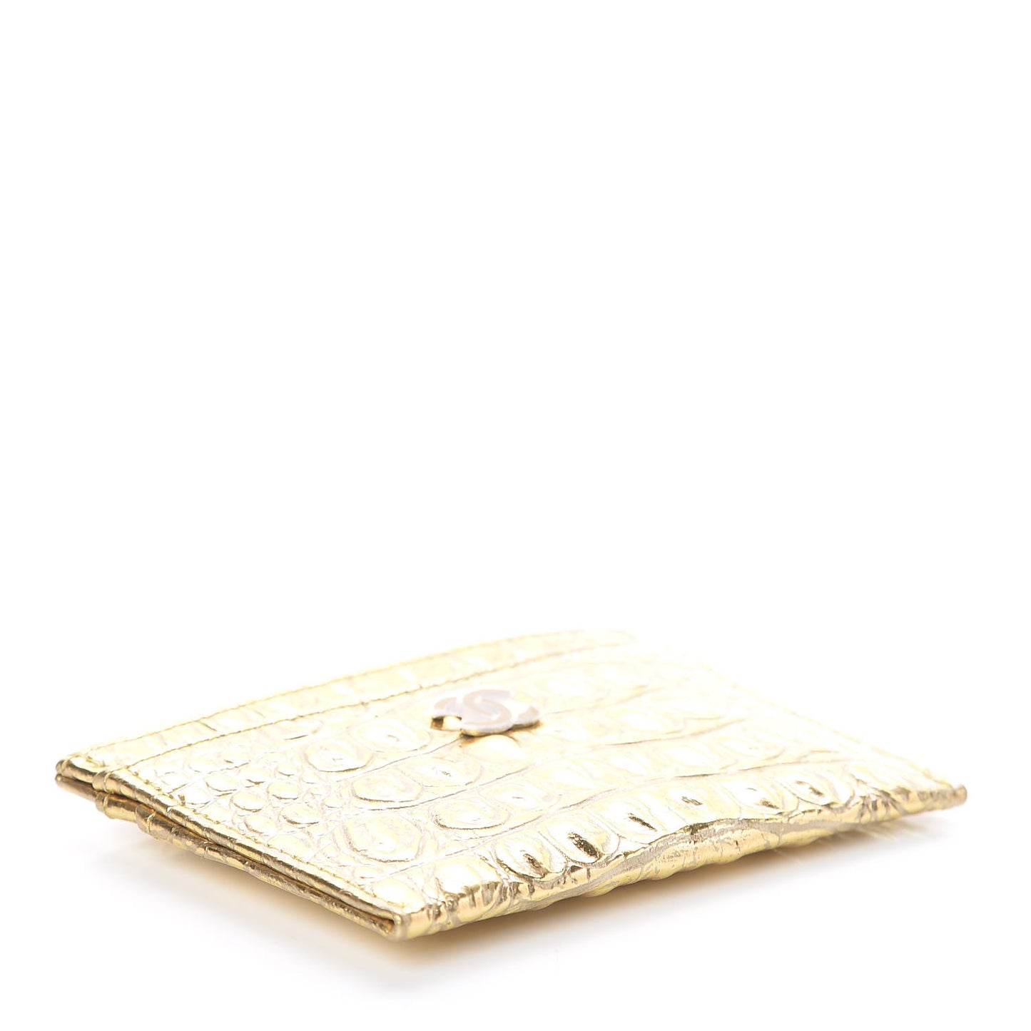 Metallic Calfskin Crocodile Embossed Cocodile Card Holder Gold
