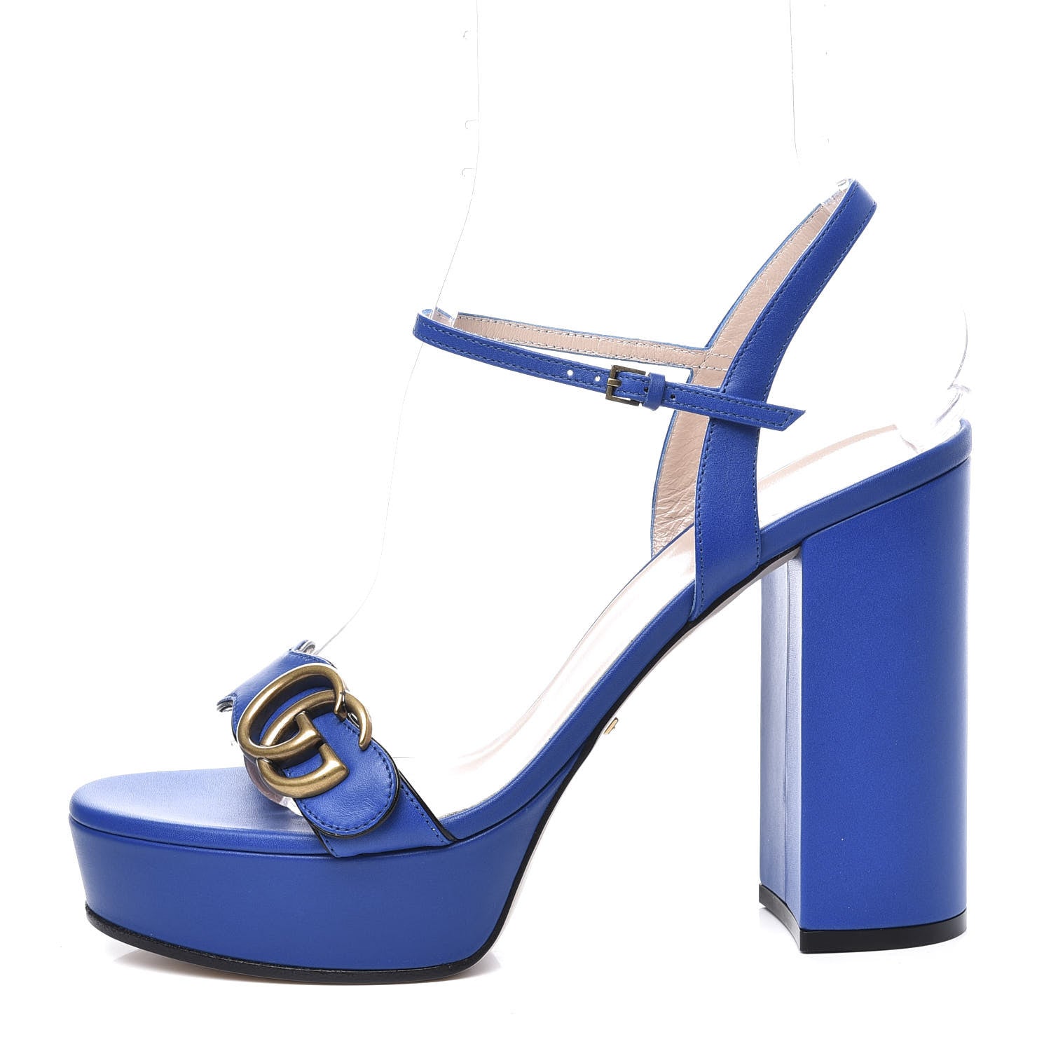Gucci Calfskin GG Marmont Ankle Wrap 30/115mm Platform Sandals 40 Bright Blue 1 of 10