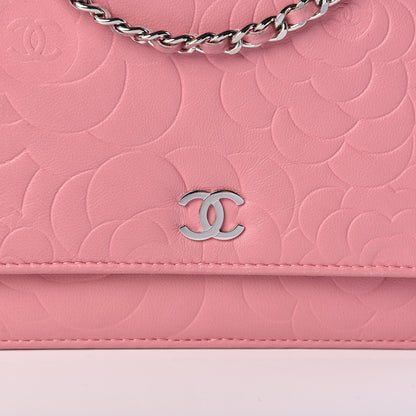 Chanel Lambskin Camellia Embossed Wallet On Chain WOC Pink 9 of 16