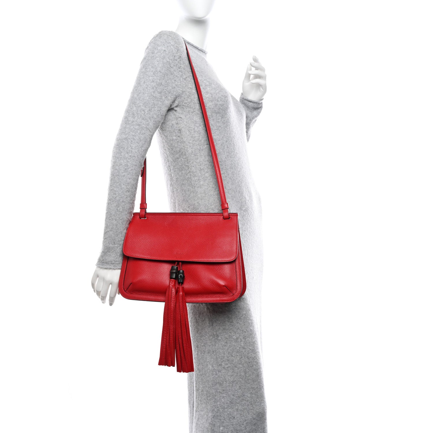 Gucci Pebbled Calfskin Medium Bamboo Daily Flap Shoulder Bag Red 2 of 11