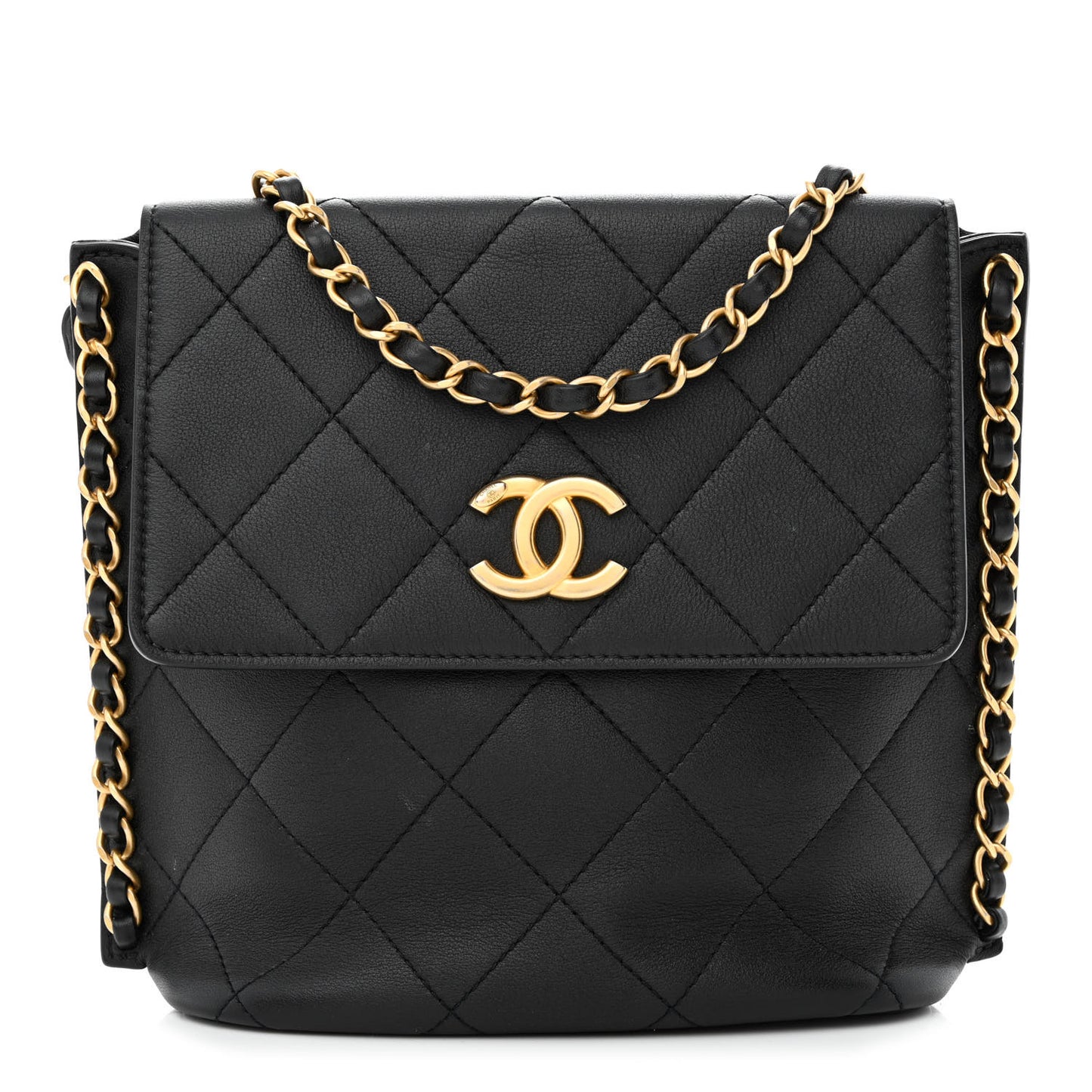 Calfskin Quilted Chain Small Hobo Bag Black