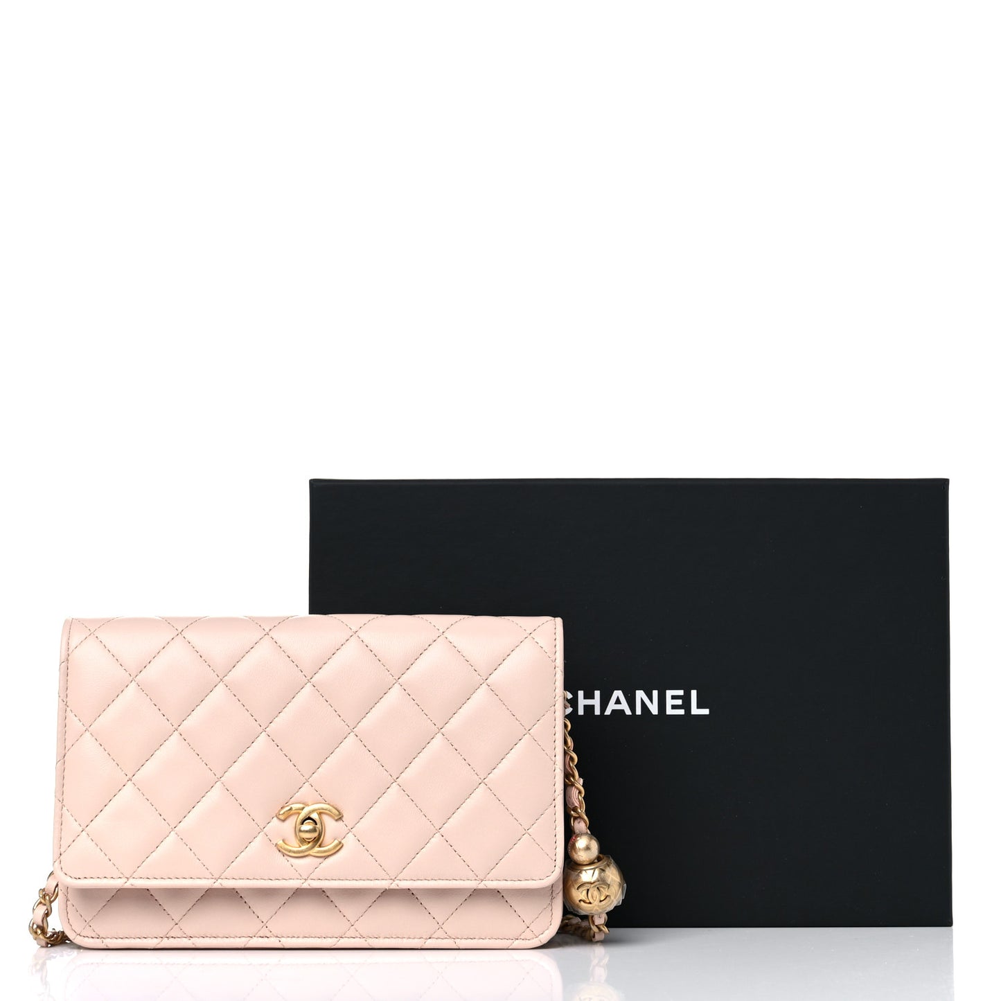 Lambskin Quilted CC Pearl Crush Wallet on Chain WOC Light Beige