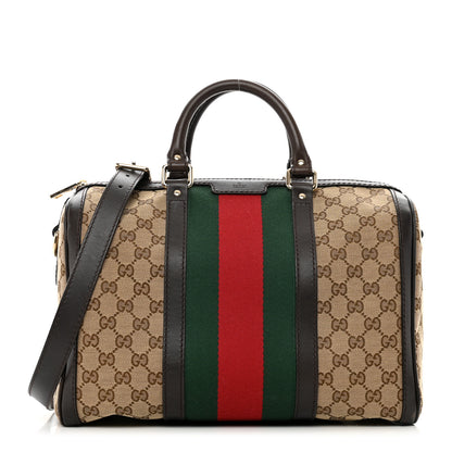 Gucci Monogram Selleria Calfskin Vintage Web Medium Boston Beige Ebony Cocoa 1 of 15