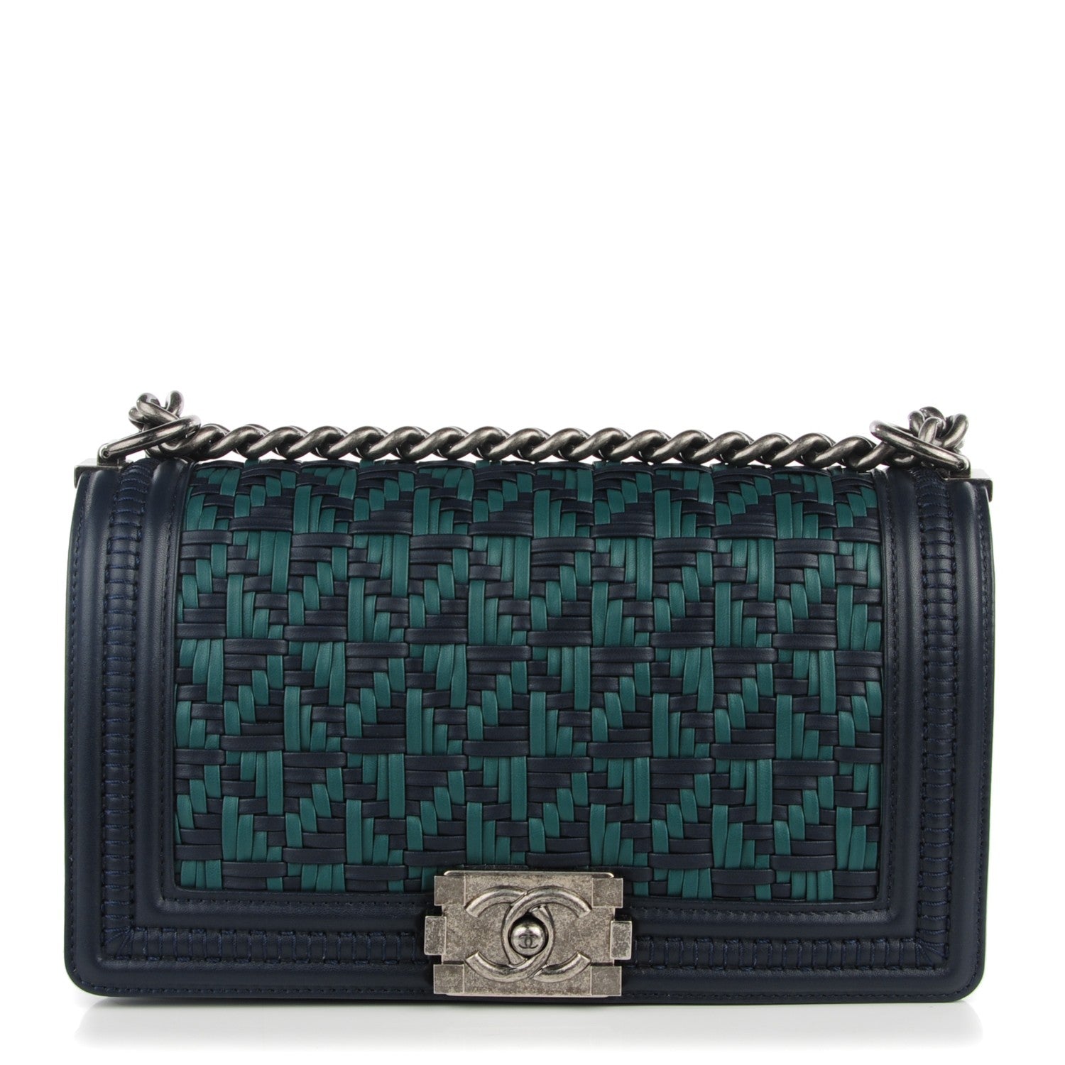 Chanel Calfskin Woven Medium Boy Flap Navy Green 1 of 9