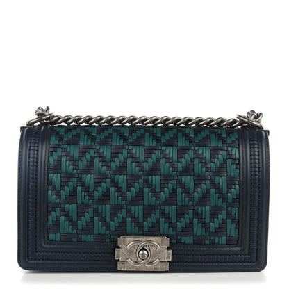 Chanel Calfskin Woven Medium Boy Flap Navy Green 1 of 9