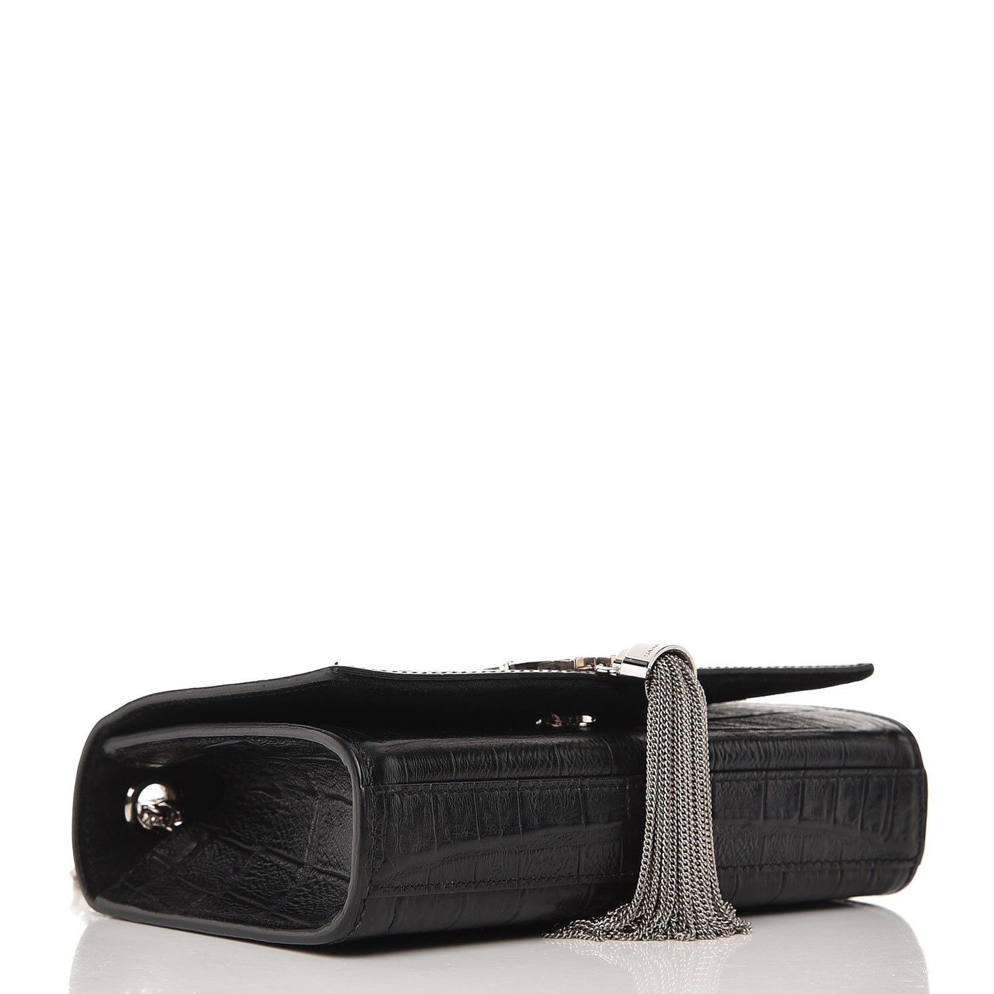Calfskin Crocodile Embossed Small Classic Monogram Tassel Satchel Black